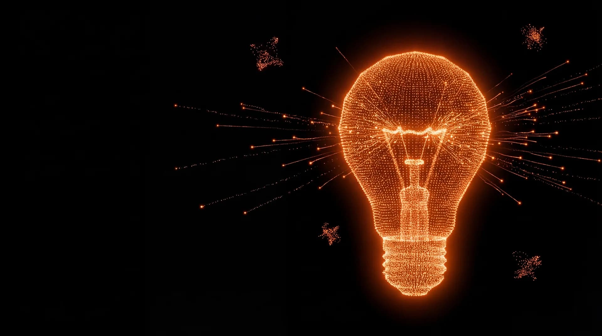 Lightbulb formed from glowing orange particles with radiating sparks representing knowledge and ideas