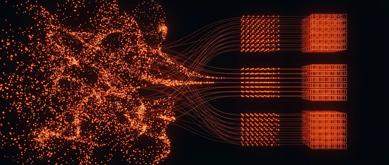 Abstract visualization of chaotic data particles transforming into organized cube structures