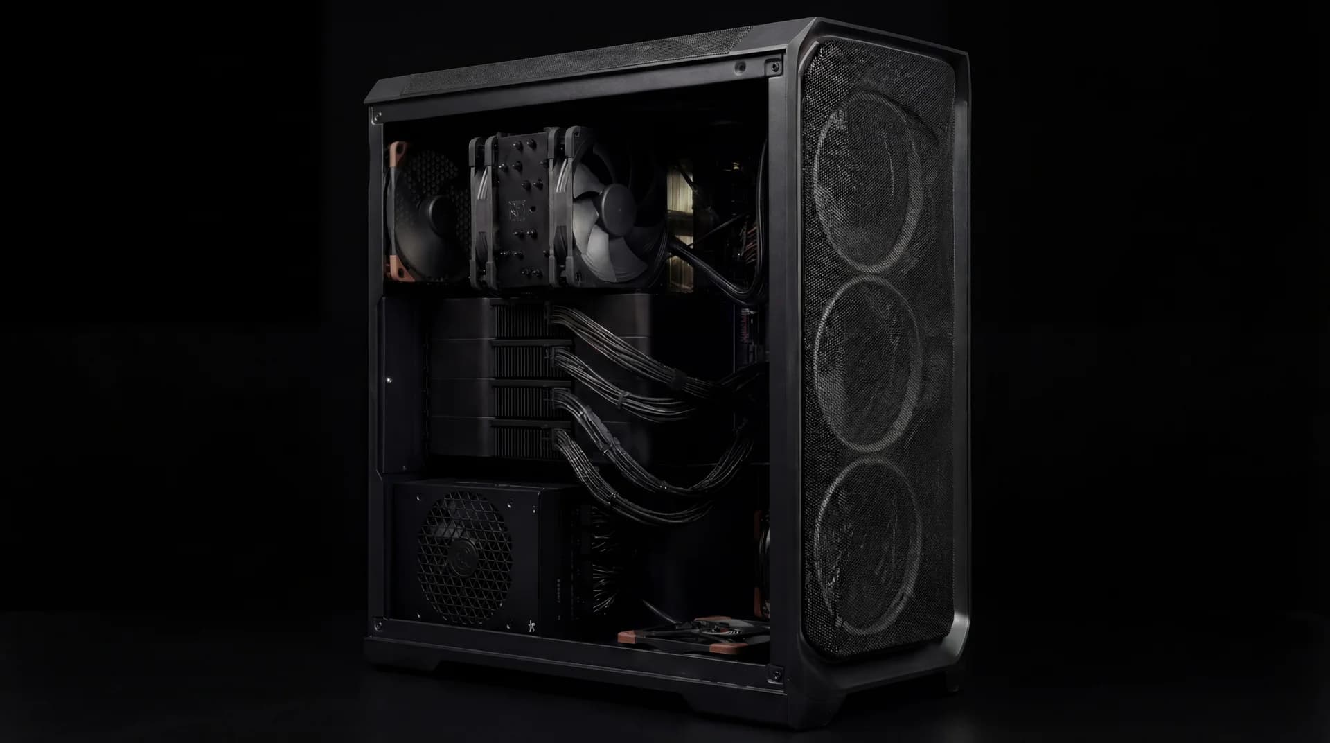 Local multi-GPU AI workstation with side panel removed showing internal components