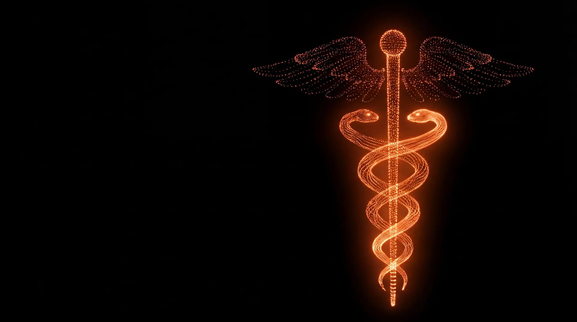 Medical cross symbol formed from glowing orange point cloud particles representing healthcare data protection